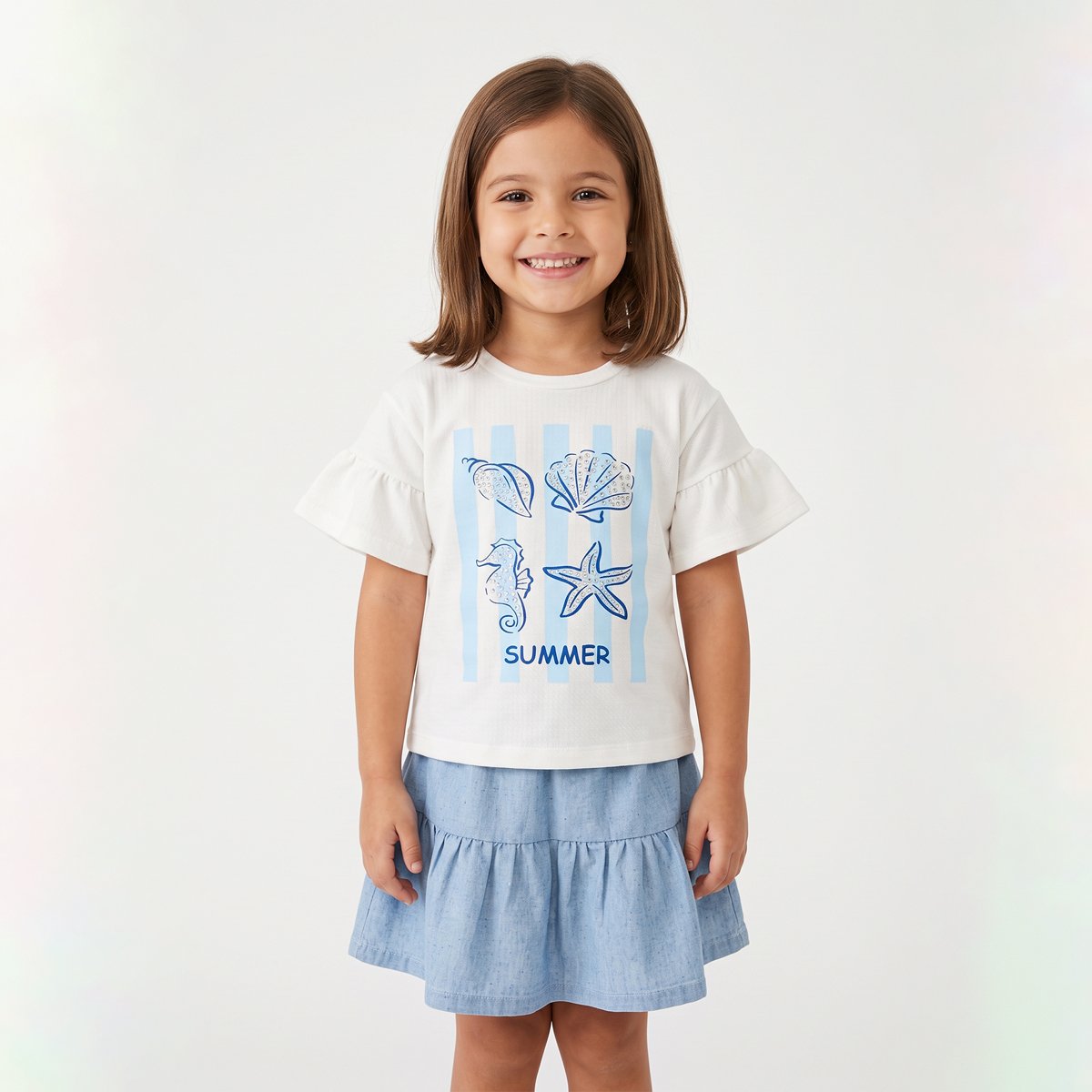 Blusa Infantil Feminina com Mangas de Babados e Estampa Verão com Strass - Sport Sul